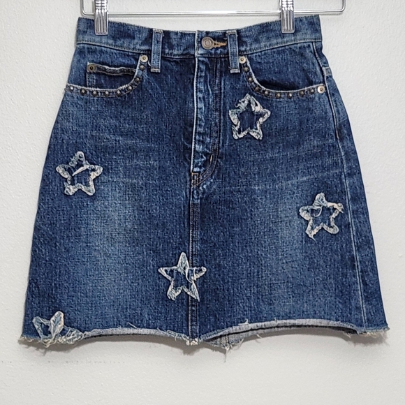 Saint Laurent Star Distressed Denim Star-Embellished Skirt - Picture 1 of 9